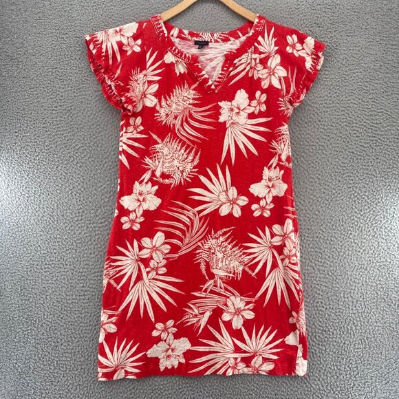 Talbots Dress Womens Medium Red Tropical Floral Slub Cotton T Shirt Embroidered - Picture 1 of 11